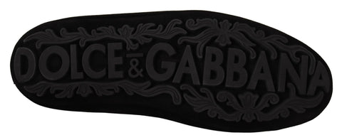 Black leather crystal-embellished gold crown loafers by Dolce & Gabbana, stylish slip-on shoes with luxurious details.