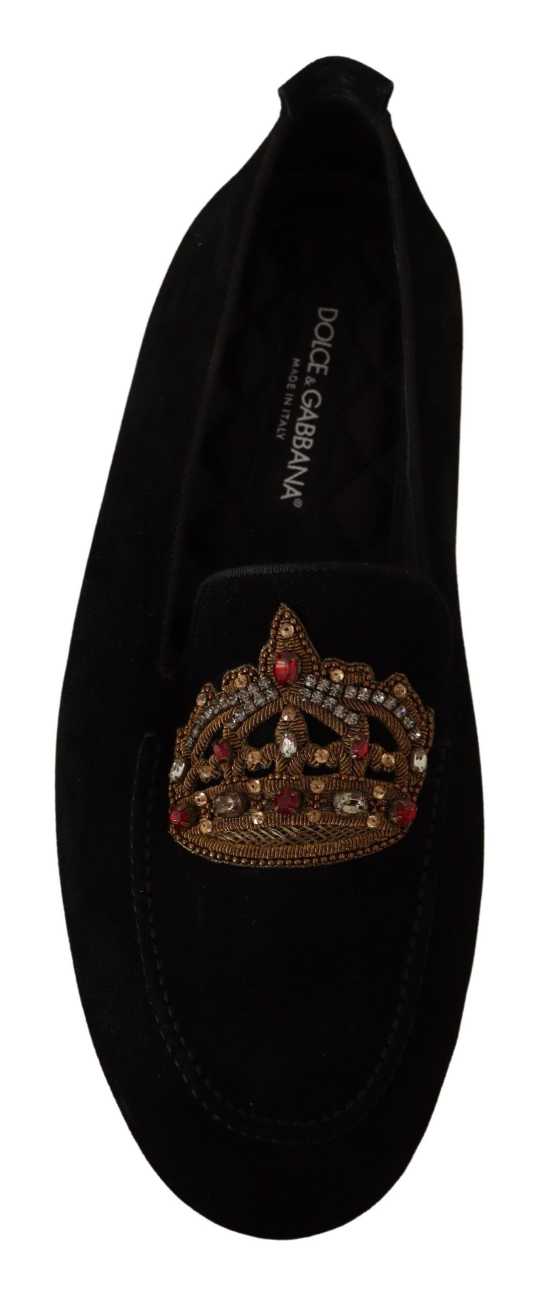 Black leather loafers with crystal and gold crown embellishments by Dolce & Gabbana, stylish slip-on shoes with ornate details.