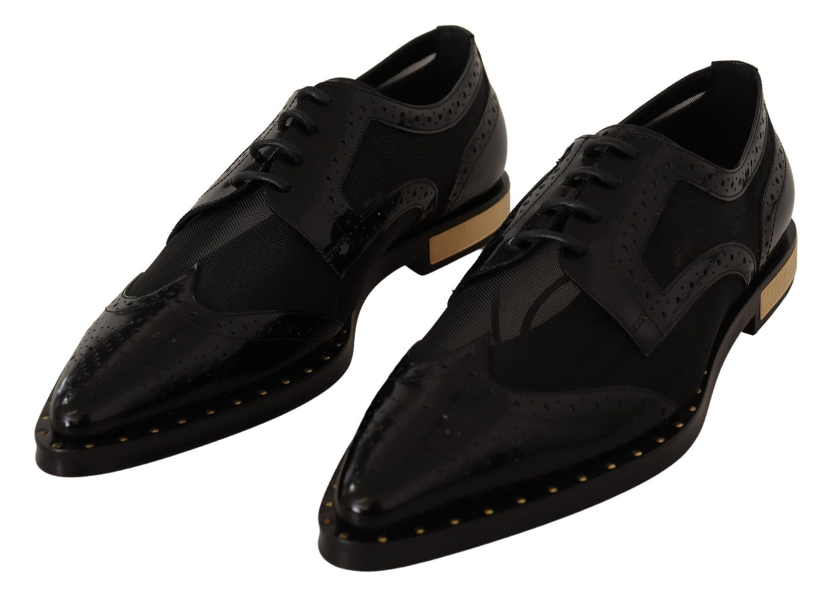 Black leather brogue wingtip shoes with sheer details by Dolce & Gabbana, showcasing classic design and intricate stitching.