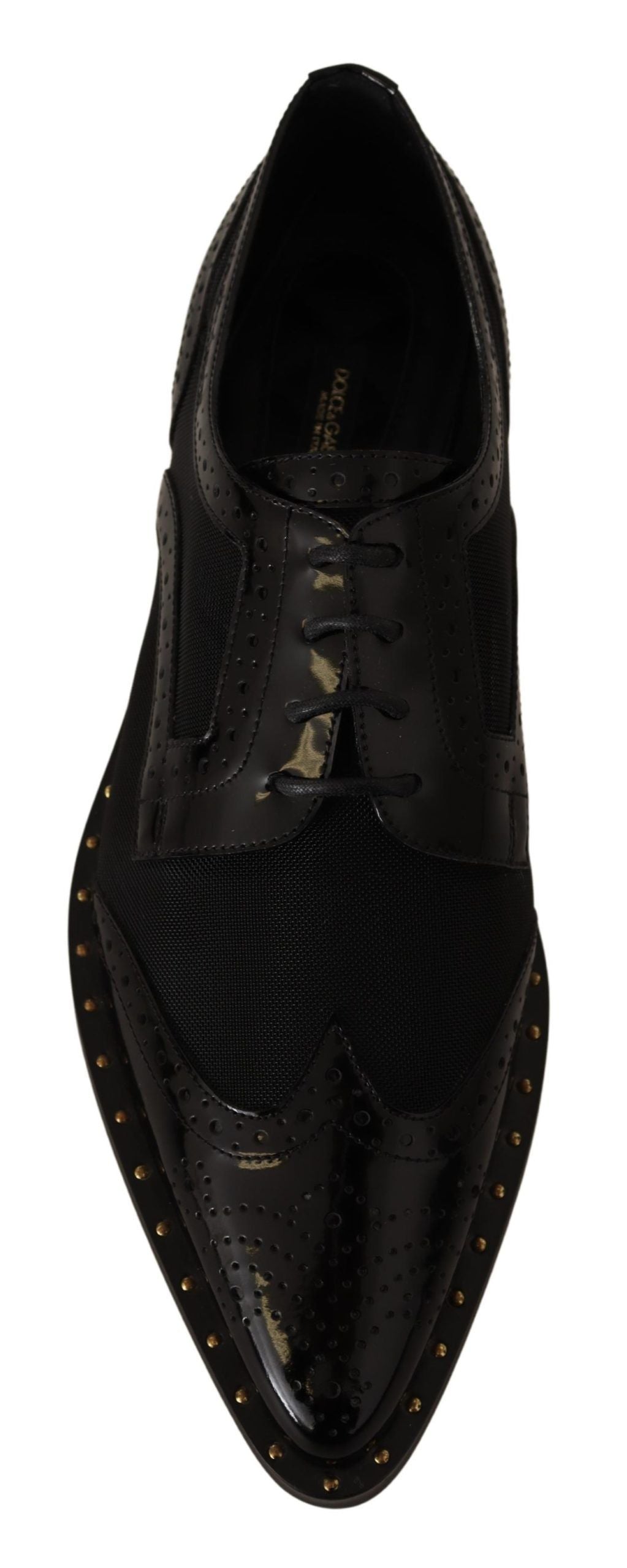 Black leather brogue wingtip shoes with sheer details by Dolce & Gabbana, featuring classic wingtip design and polished finish.