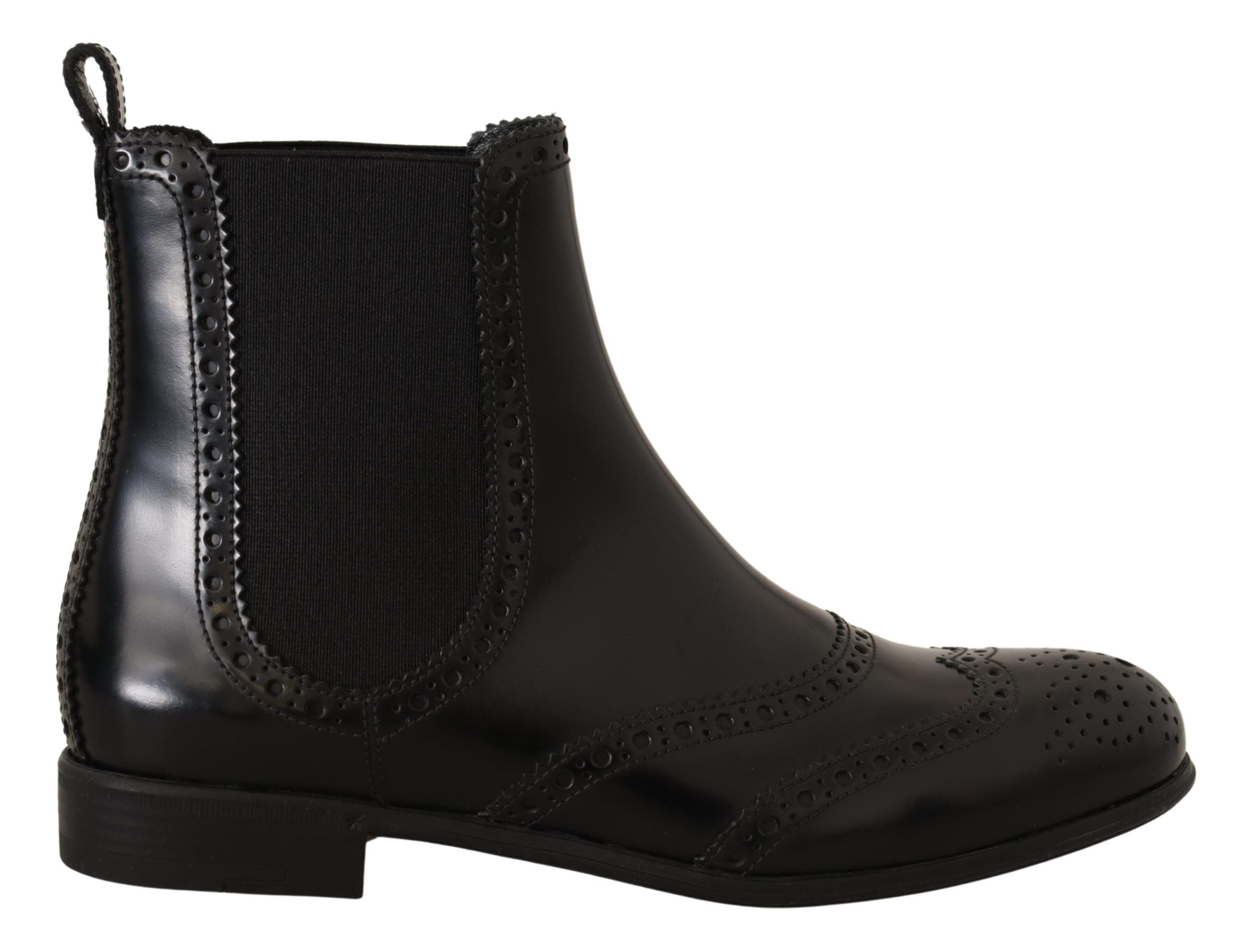 Black leather ankle-high flat boots from Dolce & Gabbana with sleek design and rounded toes.