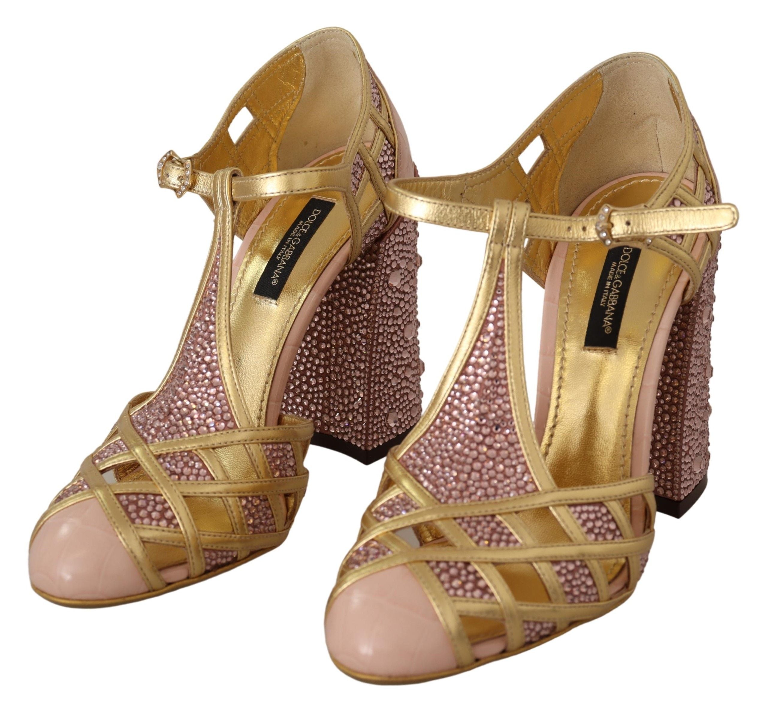 Pink gold leather T-strap pumps with crystal embellishments by Dolce & Gabbana, stylish and elegant footwear.