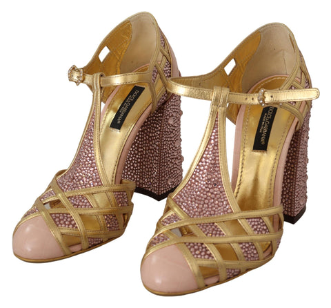 Pink gold leather T-strap pumps with crystal embellishments by Dolce & Gabbana, stylish and elegant footwear.