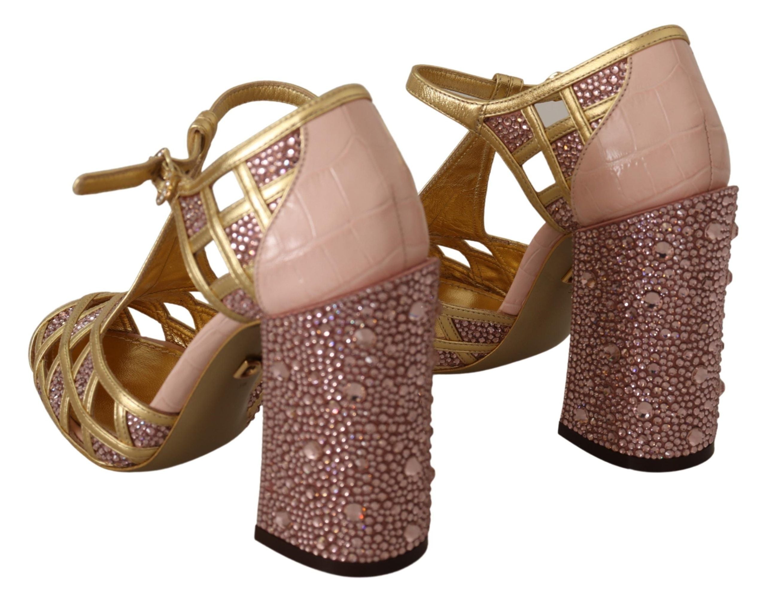 Pink gold leather crystal T-strap pumps by Dolce & Gabbana featuring elegant design and sparkling embellishments.