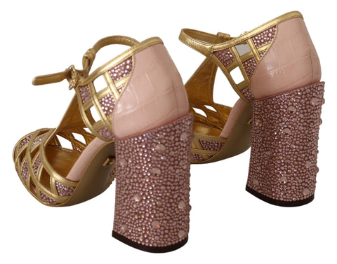 Pink gold leather crystal T-strap pumps by Dolce & Gabbana featuring elegant design and sparkling embellishments.
