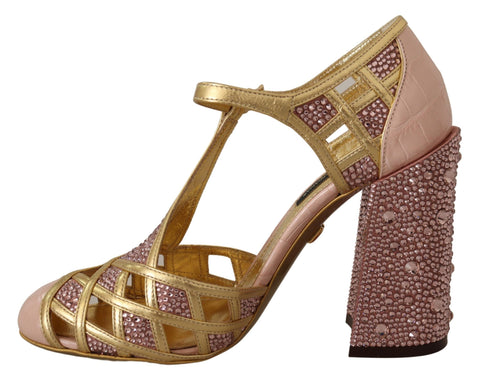 Pink gold leather T-strap pumps with crystal embellishments by Dolce & Gabbana, featuring a stylish and elegant design.