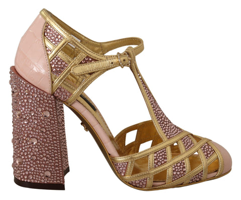 Pink gold leather crystal T-strap pumps by Dolce & Gabbana, featuring elegant design and sparkling embellishments.
