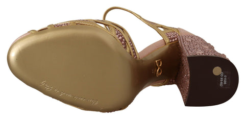 Pink gold leather crystal T-strap pumps by Dolce & Gabbana, featuring elegant design with sparkling embellishments.