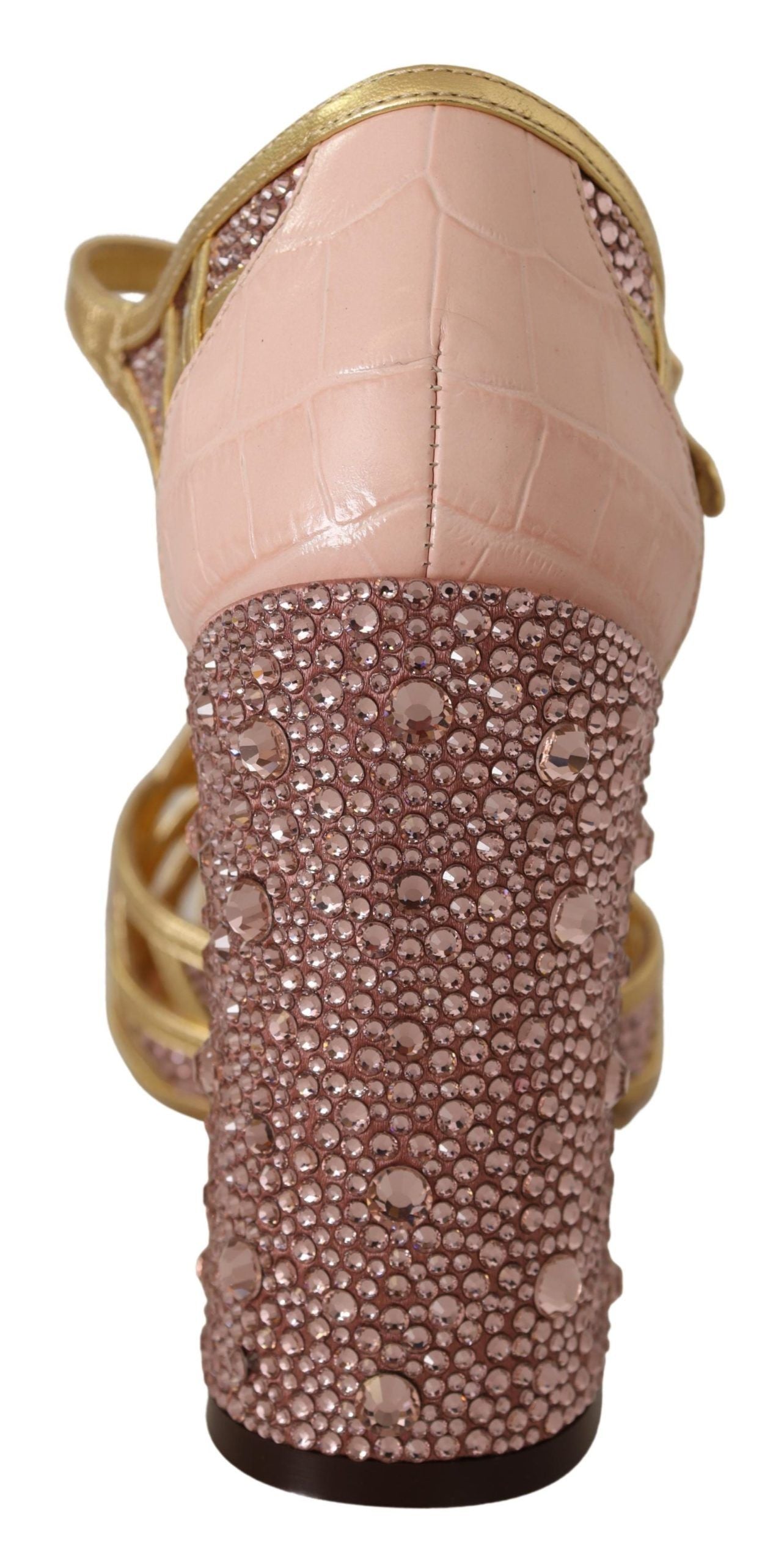Pink gold leather crystal T-strap pumps by Dolce & Gabbana, featuring elegant design and sparkling embellishments.