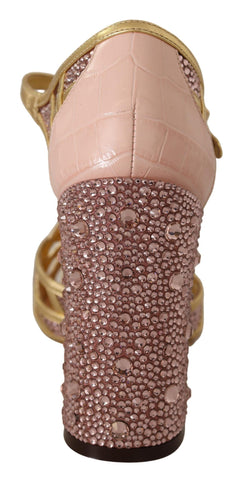 Pink gold leather crystal T-strap pumps by Dolce & Gabbana, featuring elegant design and sparkling embellishments.
