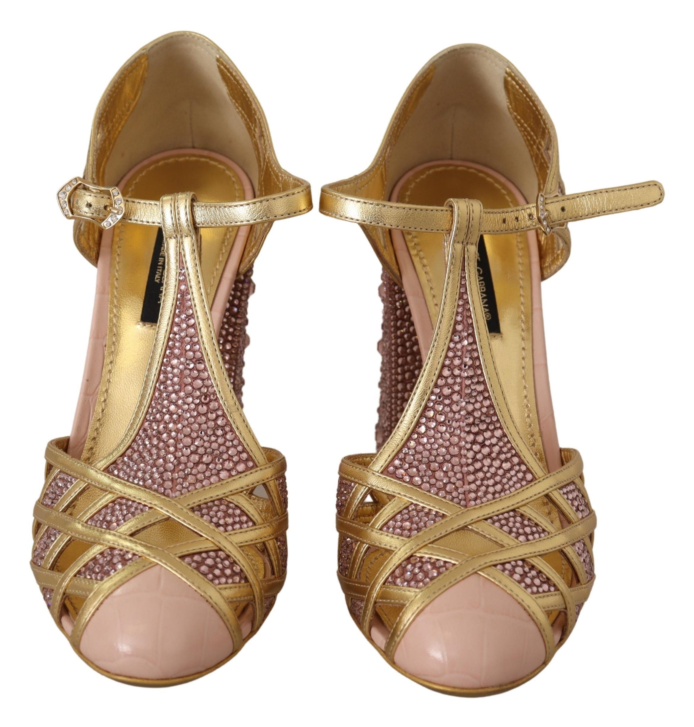 Pink gold leather T-strap pumps with crystal embellishments by Dolce & Gabbana, stylish women's footwear.