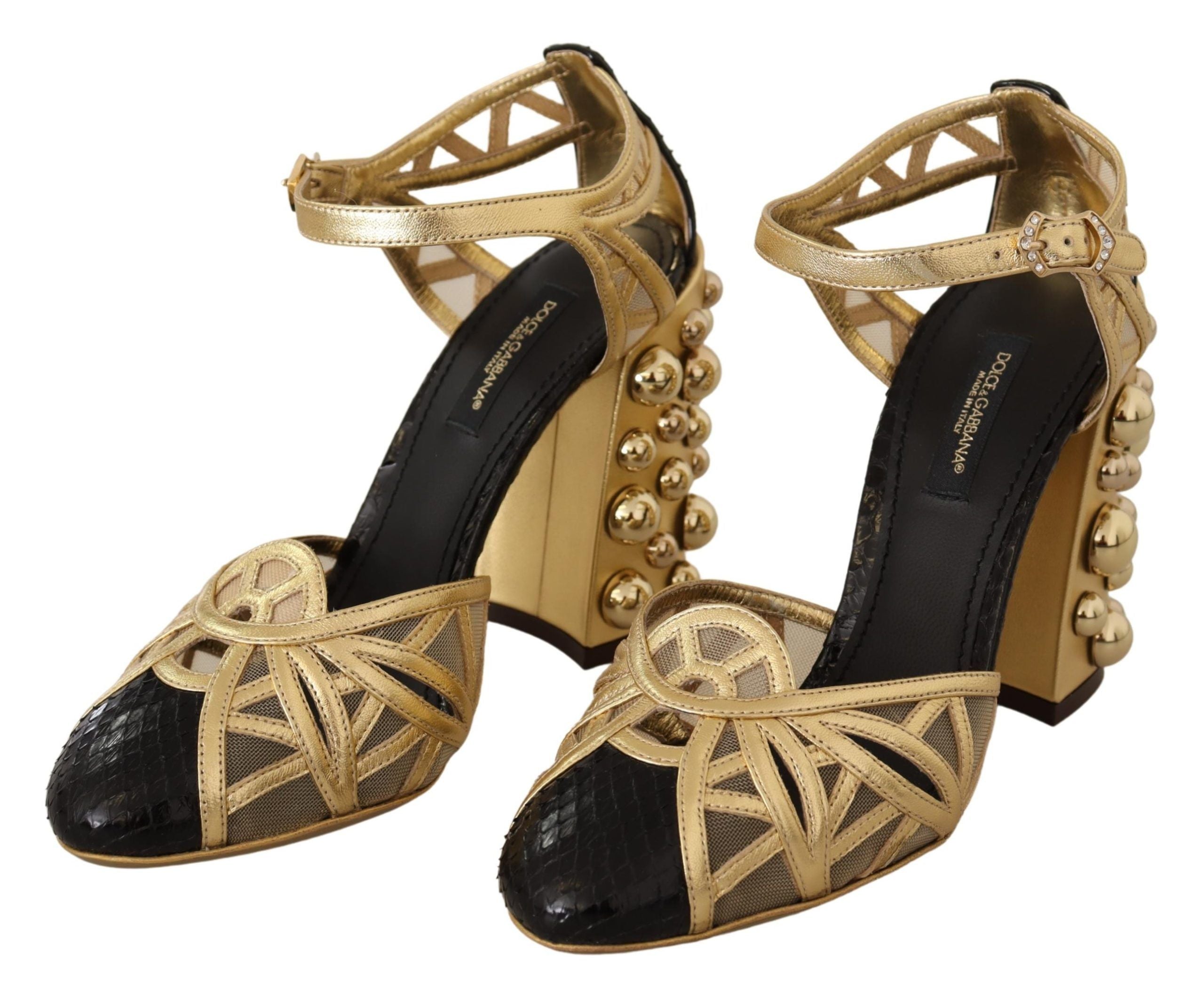 Black gold leather studded ankle strap shoes by Dolce & Gabbana with metallic stud details and sleek design.