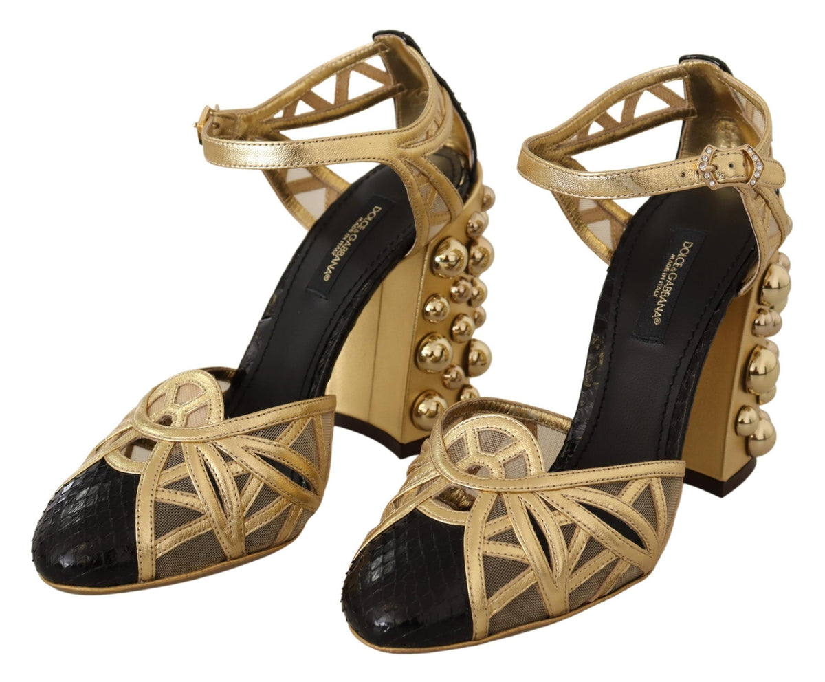 Black gold leather studded ankle strap shoes by Dolce & Gabbana with metallic stud details and sleek design.