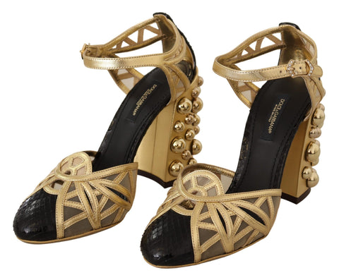 Black gold leather studded ankle strap shoes by Dolce & Gabbana with metallic stud details and sleek design.