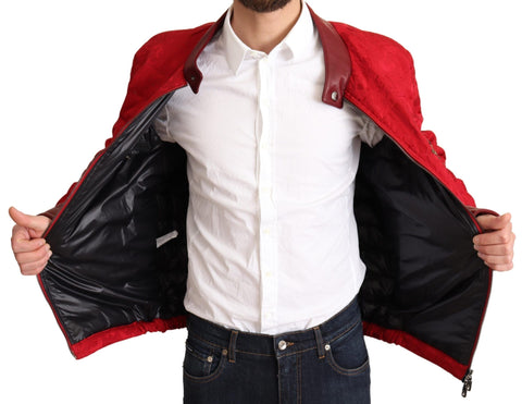 Red brocade bomber jacket with gold crown logo from Dolce & Gabbana, featuring intricate floral patterns and a stylish fit.