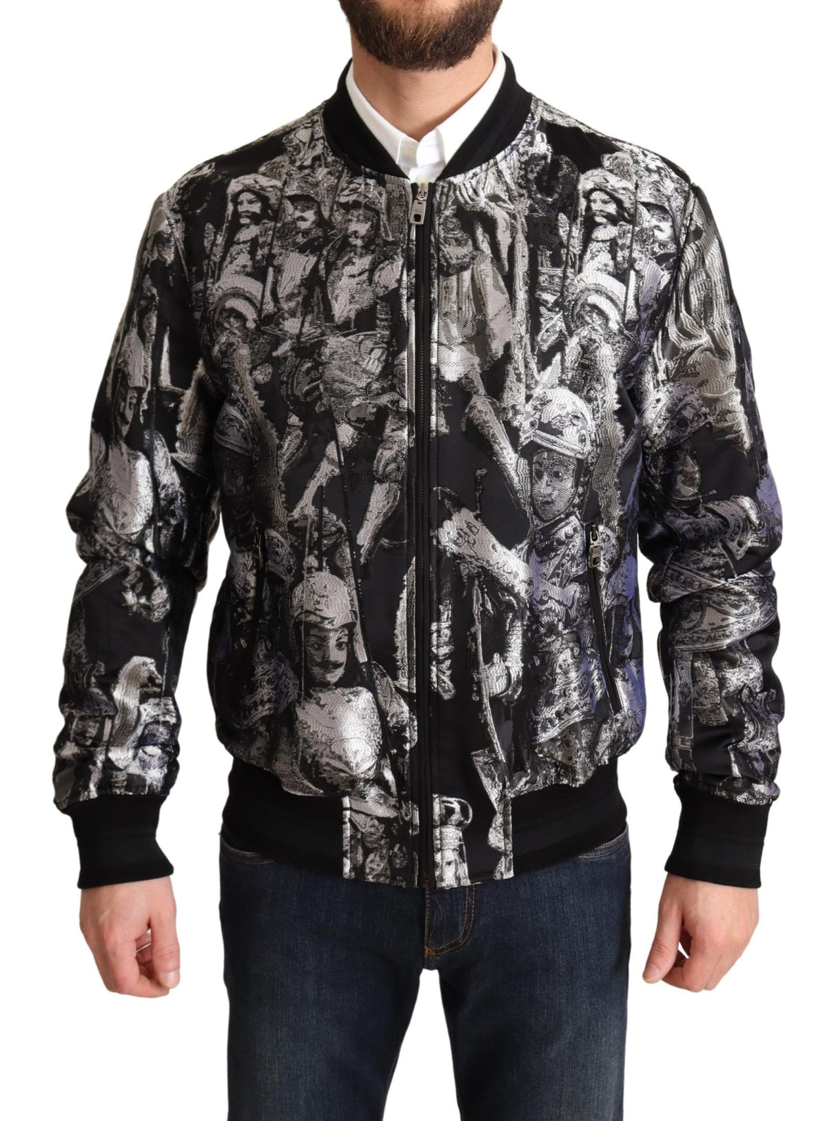 Black and silver Puppi Motive bomber jacket by Dolce & Gabbana, featuring a stylish design with the brand's signature details.