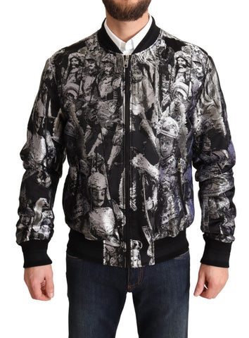 Black and silver Puppi Motive bomber jacket by Dolce & Gabbana, featuring a stylish design with the brand's signature details.