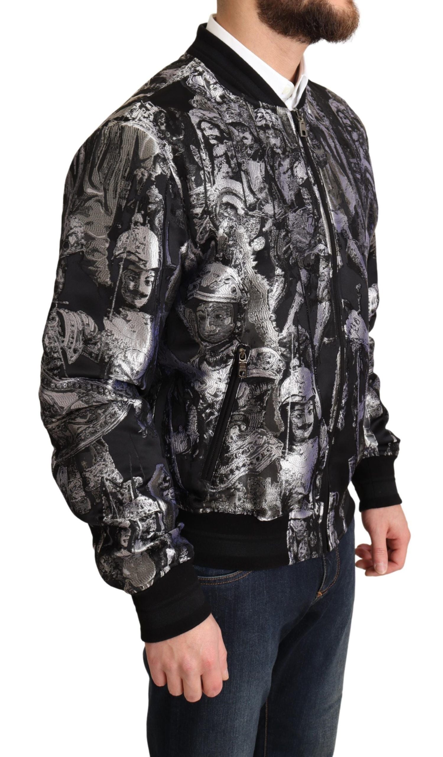 Black Silver Puppi Motive bomber jacket by Dolce & Gabbana, featuring a stylish printed design and ribbed cuffs.