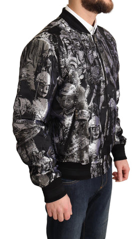Black Silver Puppi Motive bomber jacket by Dolce & Gabbana, featuring a stylish printed design and ribbed cuffs.