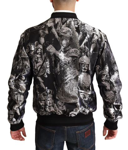 Black Silver Puppi Motive bomber jacket by Dolce & Gabbana with a sleek design and detailed Puppi motif embroidery.
