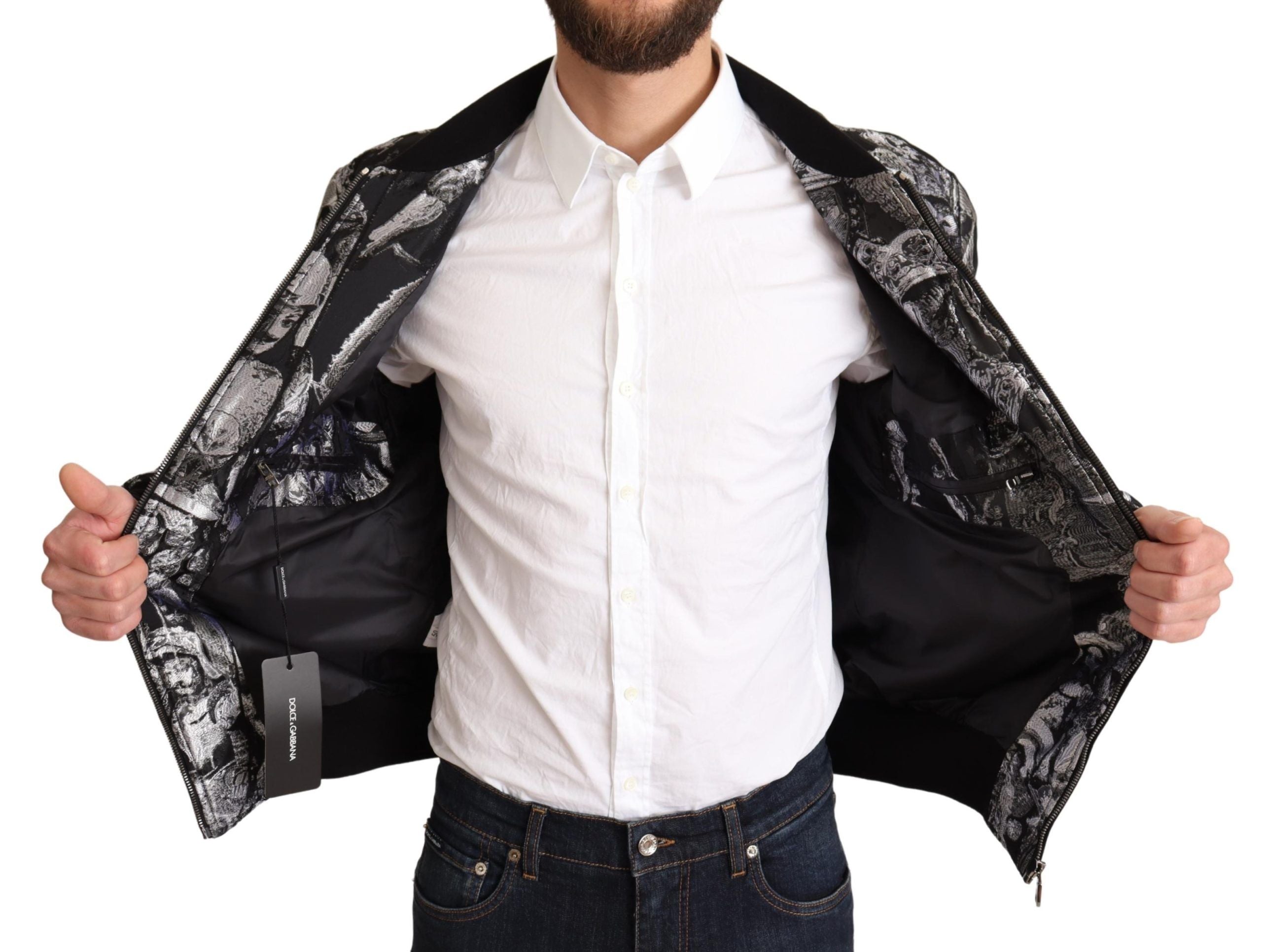 Black silver Puppi motive Dolce & Gabbana bomber jacket with ribbed cuffs and collar, stylish and lightweight for casual wear.