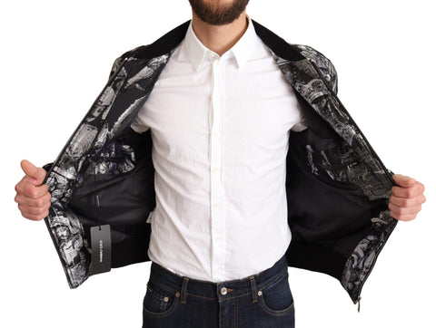 Black silver Puppi motive Dolce & Gabbana bomber jacket with ribbed cuffs and collar, stylish and lightweight for casual wear.