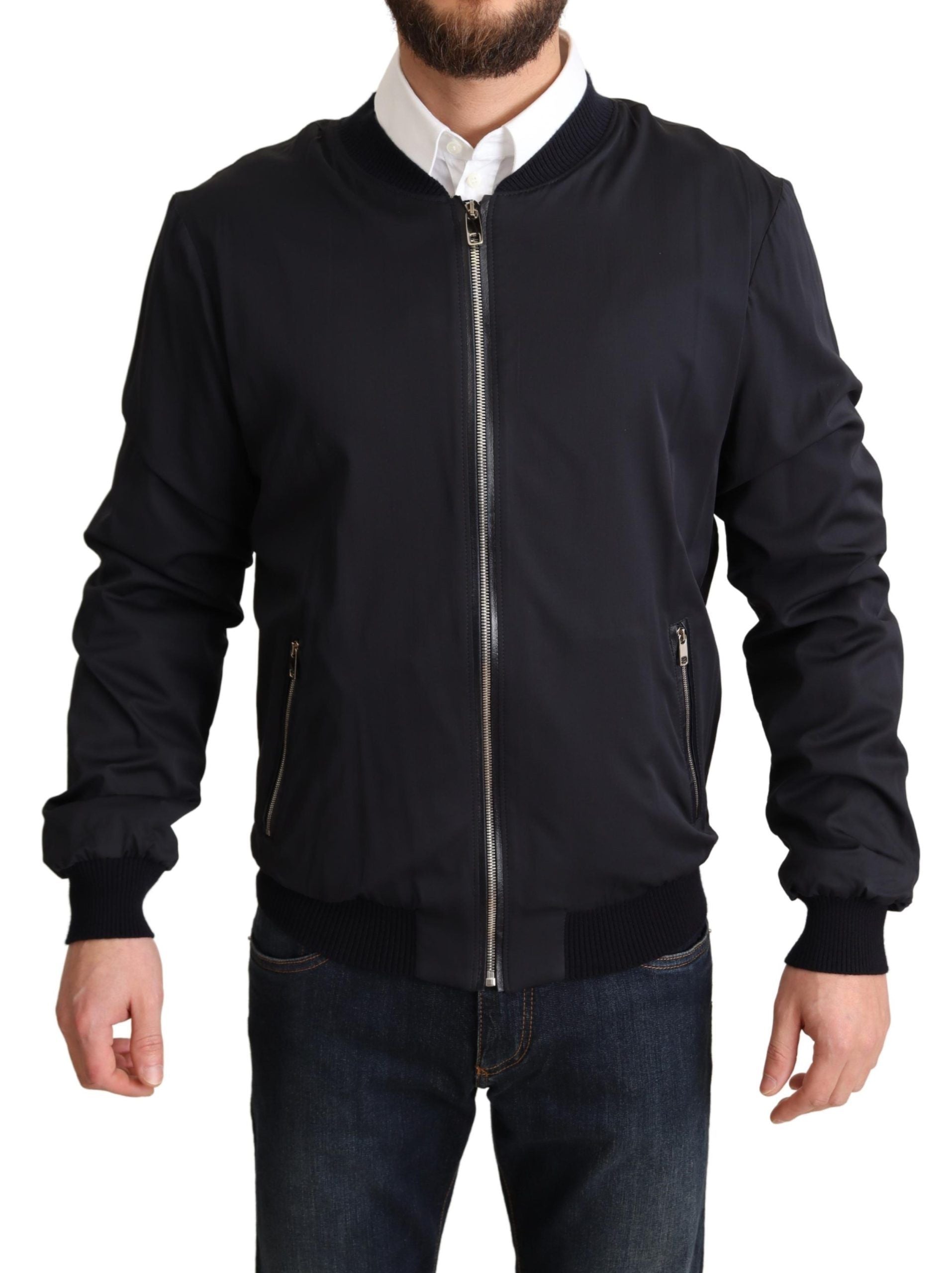 Blue silk bomber jacket for men with a short, stylish design by Dolce & Gabbana.