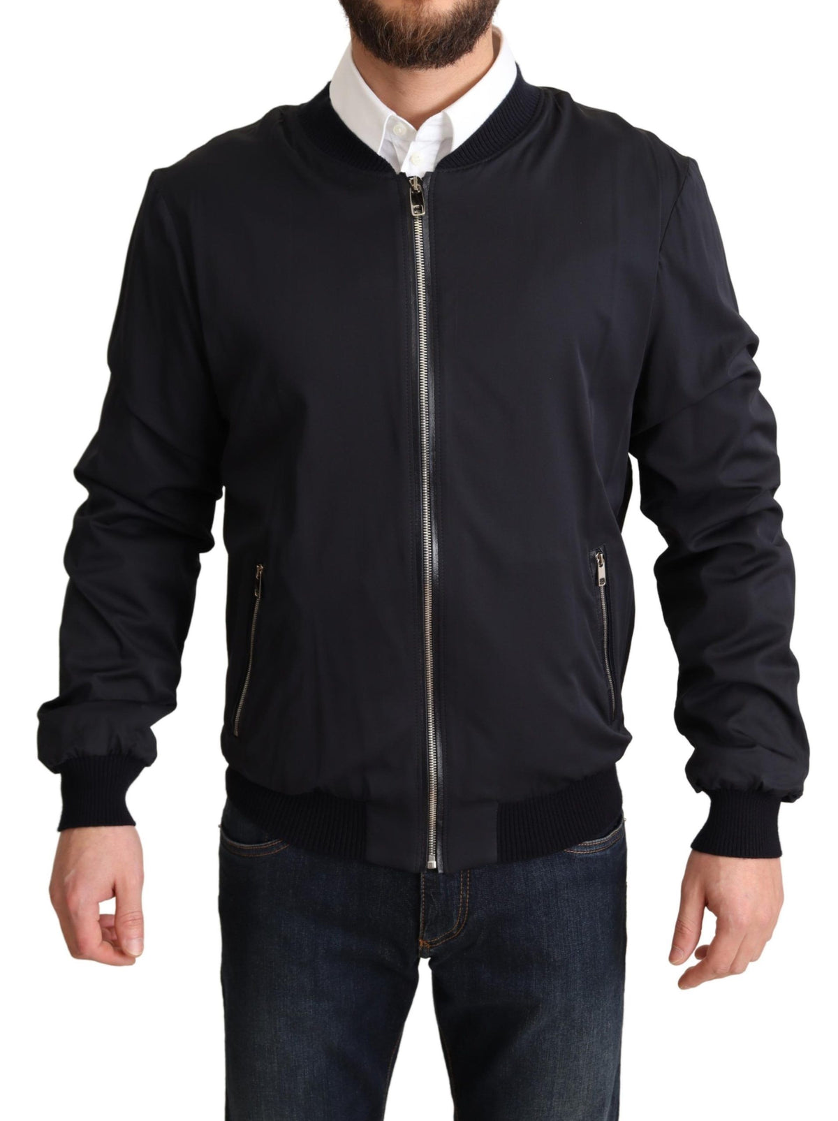 Blue silk bomber jacket for men with a short, stylish design by Dolce & Gabbana.