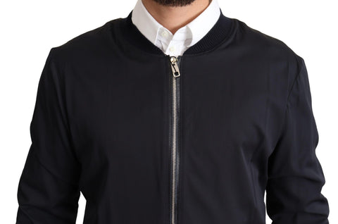 Blue silk men's bomber jacket with a short design, from Dolce & Gabbana, featuring a sleek, stylish silhouette.