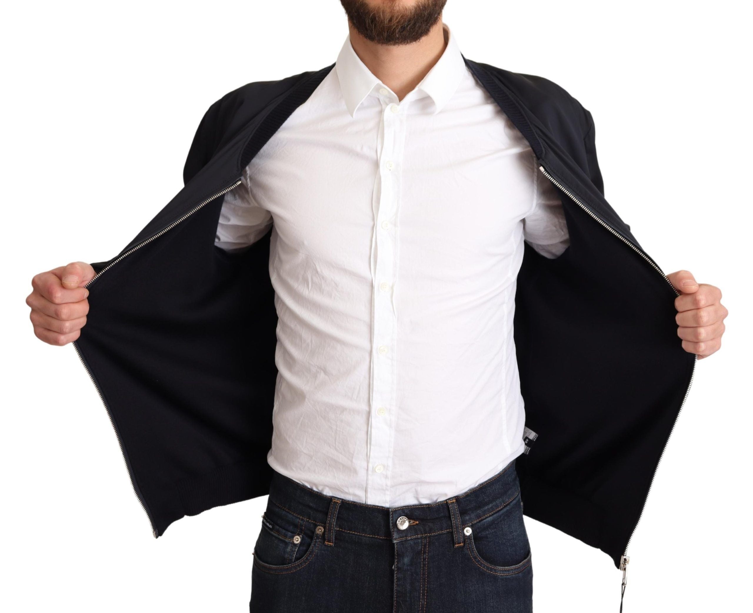 Blue silk short bomber jacket for men by Dolce & Gabbana, featuring a sleek design and stylish fit.