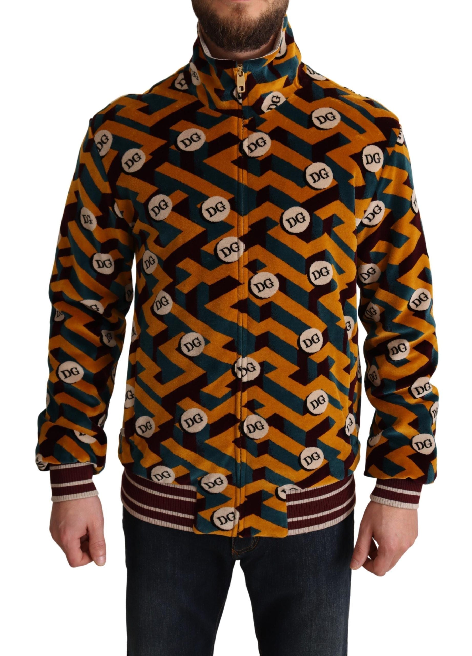 Multicolor velvet Dolce & Gabbana men's sweater jacket with DG logo, featuring a stylish, textured design.