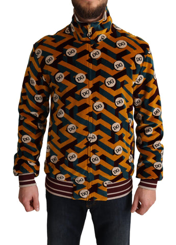 Multicolor velvet Dolce & Gabbana men's sweater jacket with DG logo, featuring a stylish, textured design.