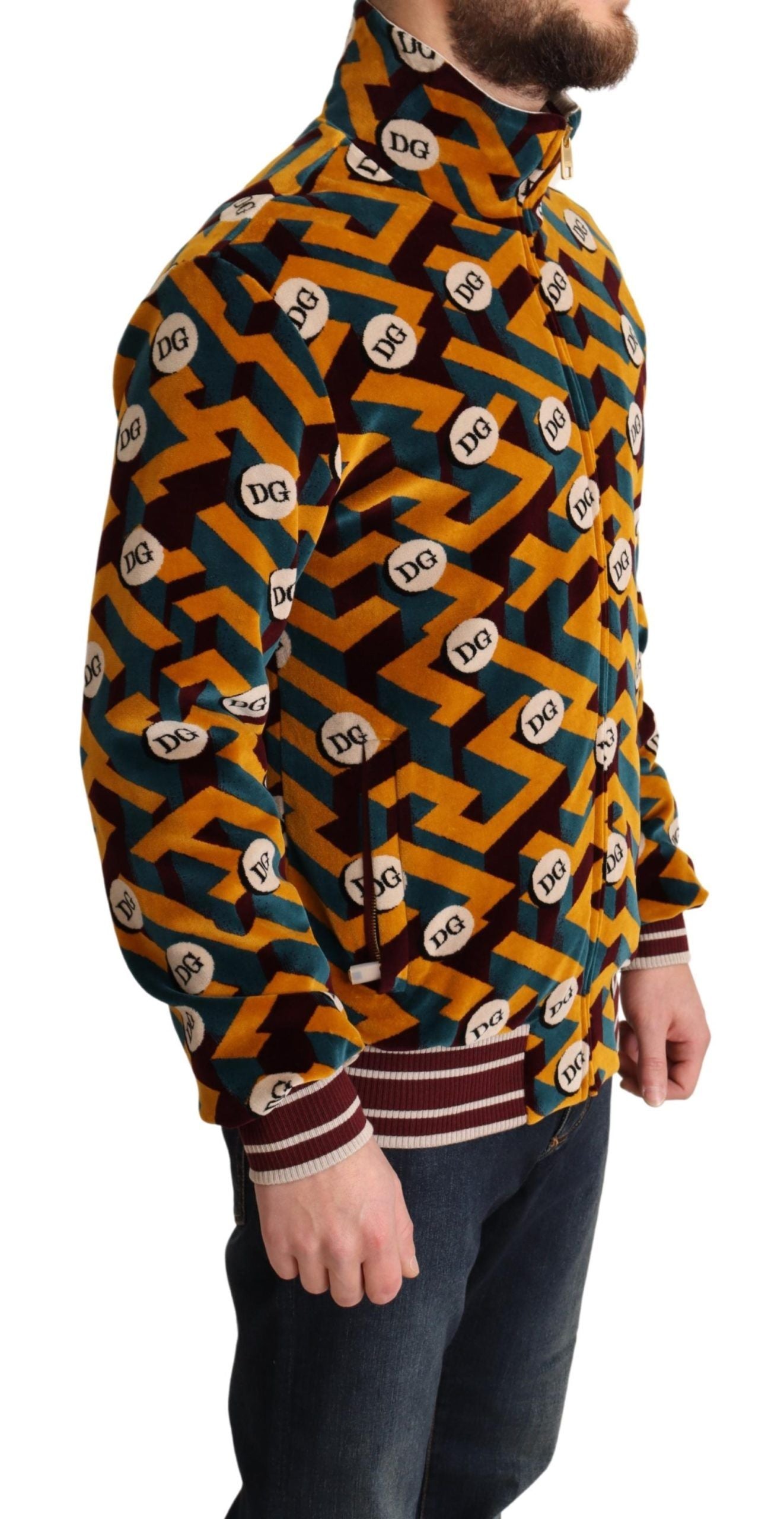 Multicolor velvet Dolce & Gabbana logo men's sweater jacket, featuring a stylish design with a cozy fit and vibrant colors.