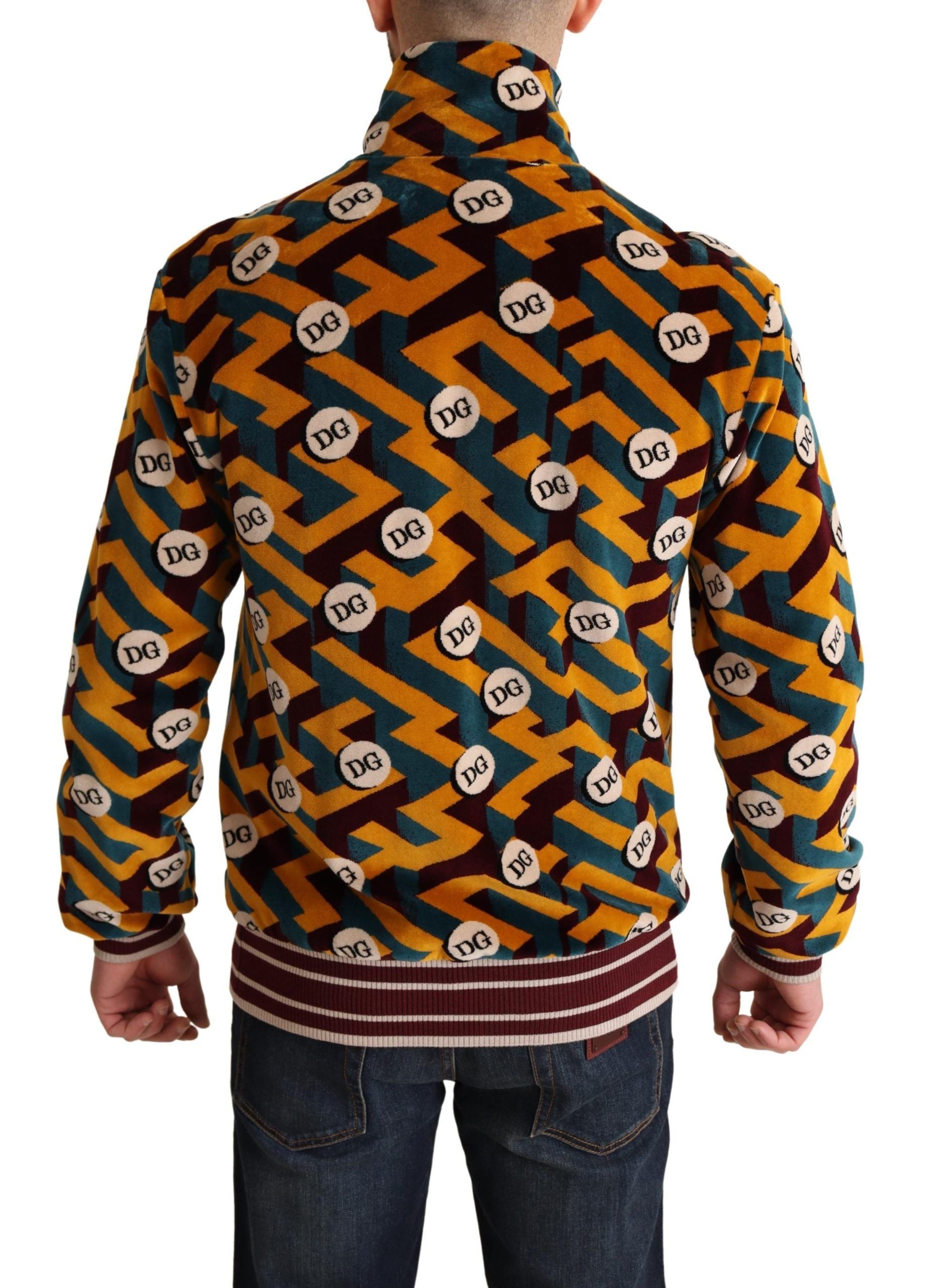 Multicolor velvet Dolce & Gabbana logo men's sweater jacket displayed on a hanger with a textured background.
