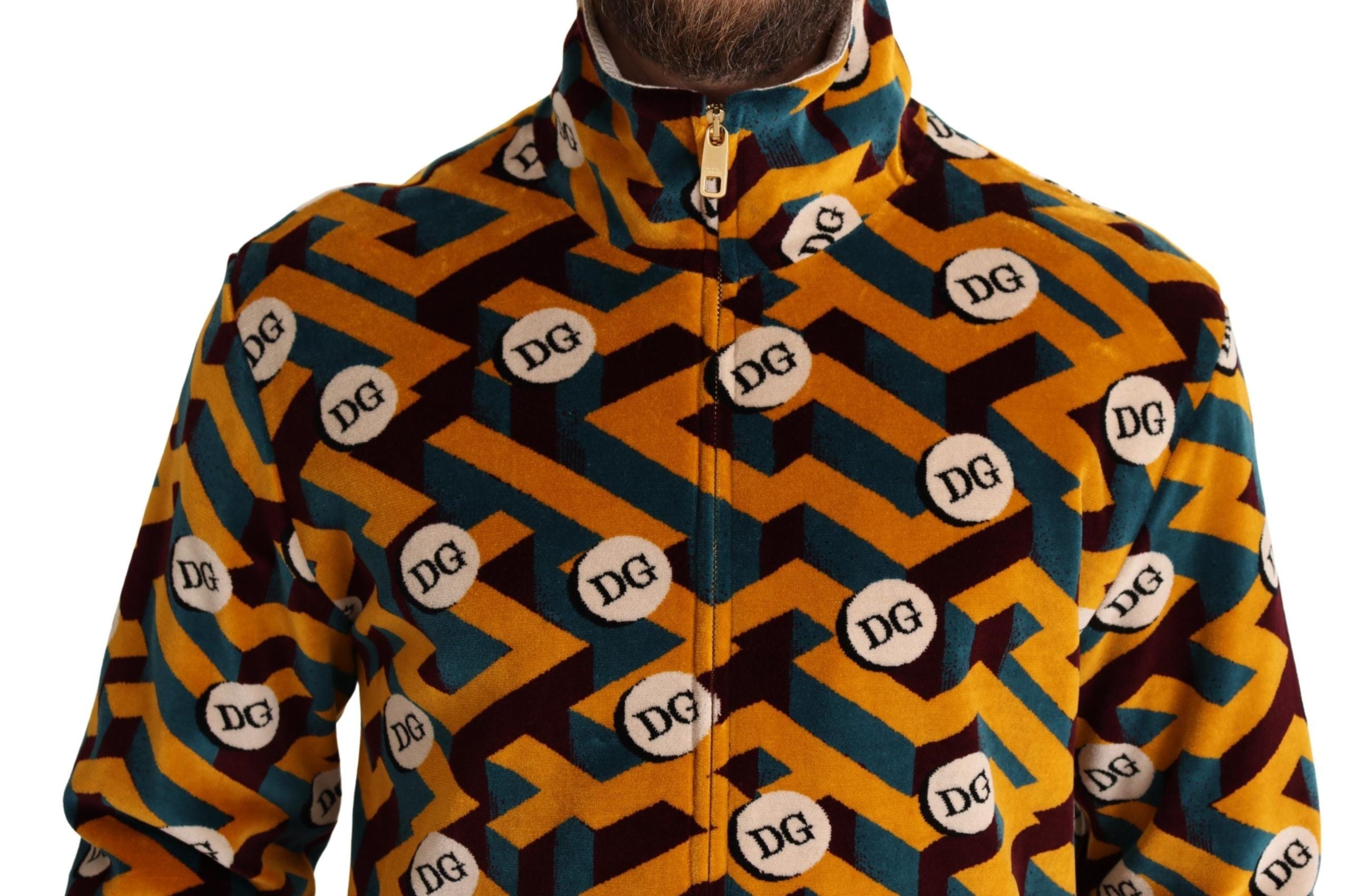 Multicolor velvet men's sweater jacket with Dolce & Gabbana DG logo, featuring a stylish design and comfortable fit.