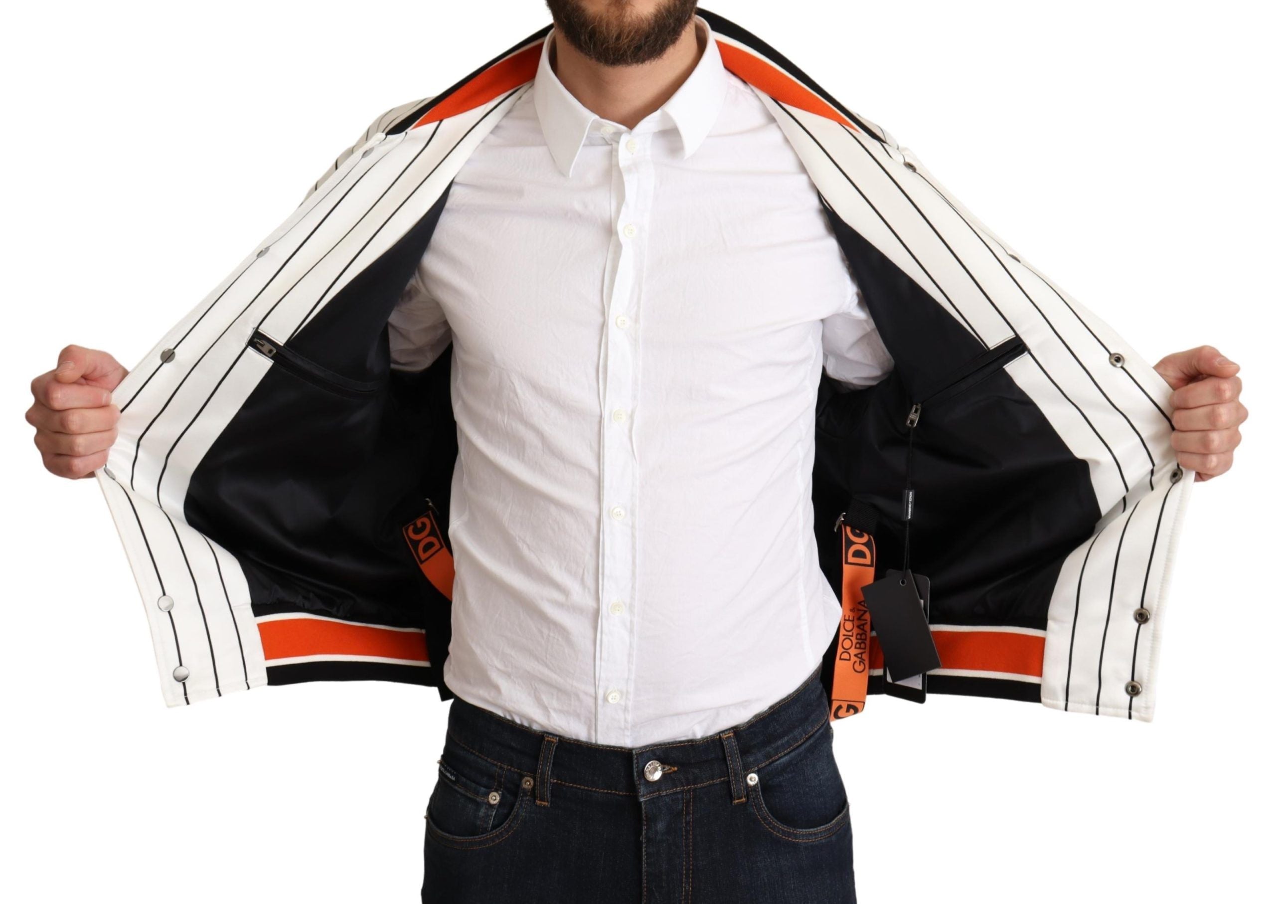 Multicolor Dolce & Gabbana bomber jacket with King Logo design, stylish and vibrant, featuring bold color blocks and logo details.