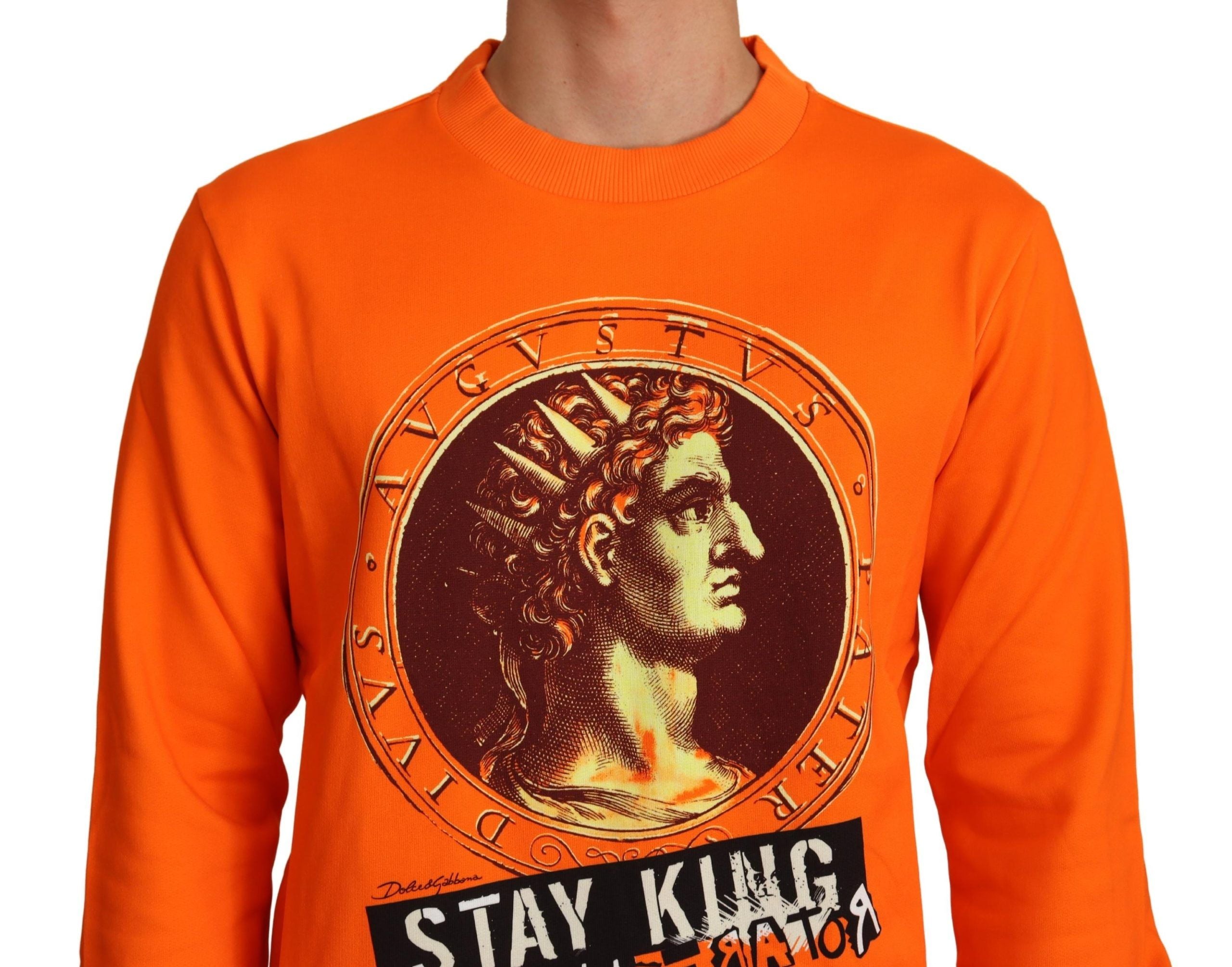 Orange King Caesar cotton pullover sweater by Dolce & Gabbana, featuring a classic crew neck and detailed Caesar print design.