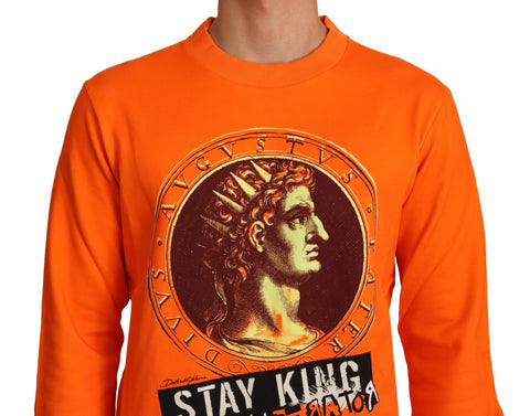 Orange King Caesar cotton pullover sweater by Dolce & Gabbana, featuring a classic crew neck and detailed Caesar print design.