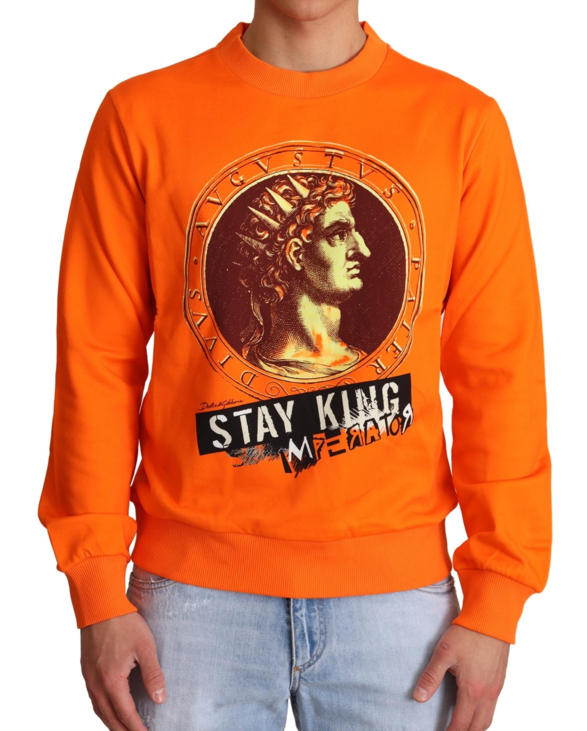Orange King Caesar cotton pullover sweater by Dolce & Gabbana, featuring a classic crewneck and bold design.