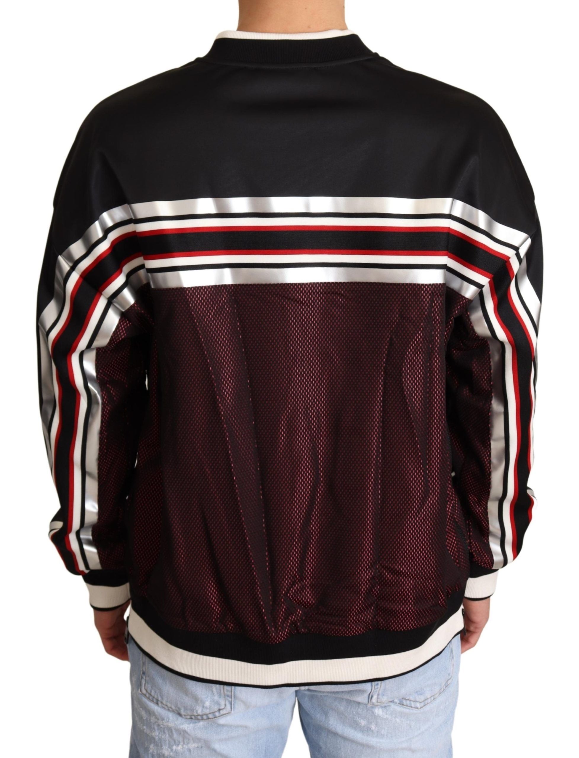 Black and red mesh sport pullover crewneck sweater by Dolce & Gabbana, featuring a sporty design and comfortable fit.