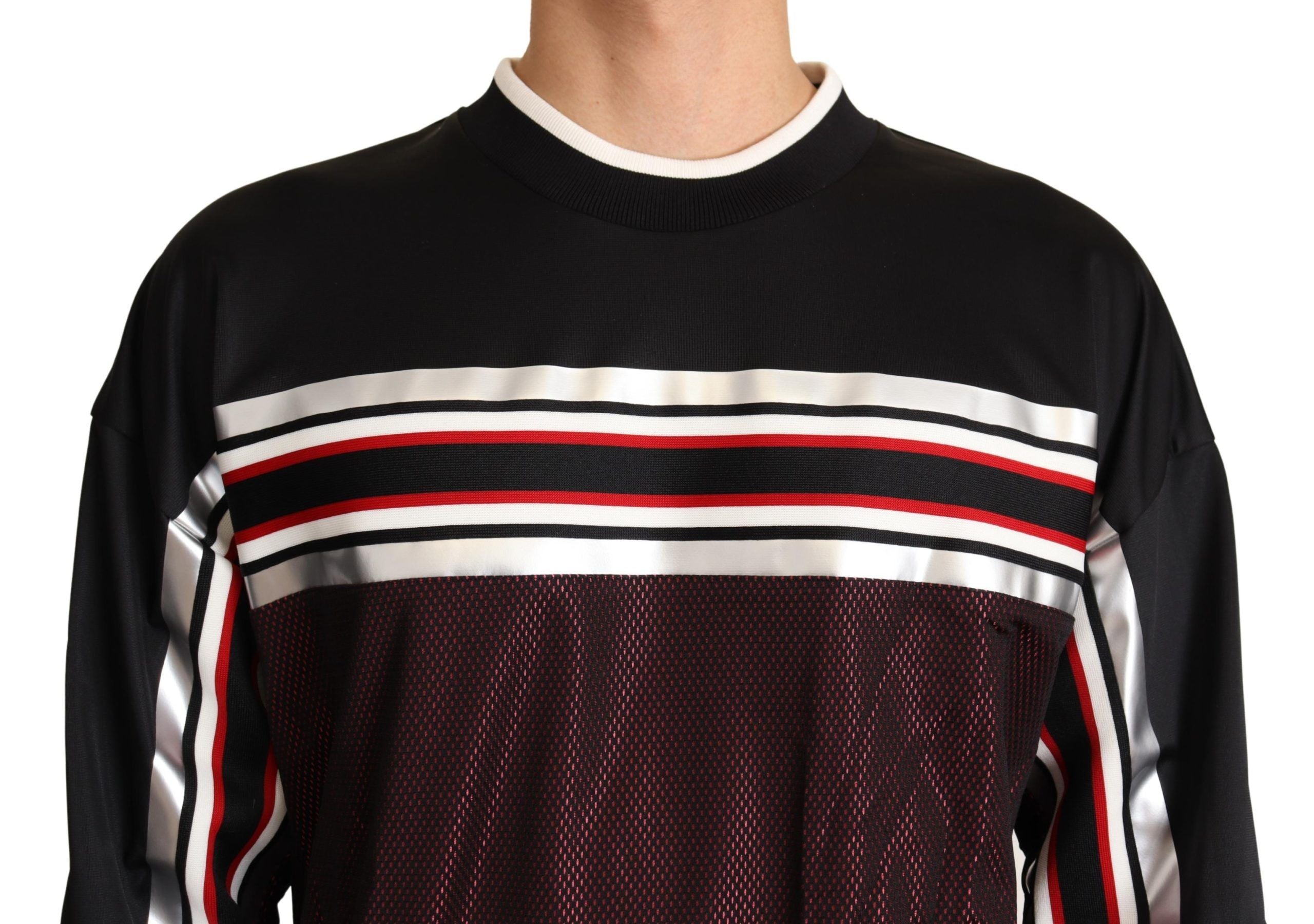 Black and red mesh sport pullover crewneck sweater by Dolce & Gabbana, featuring a stylish athletic design and breathable fabric.