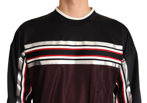 Black and red mesh sport pullover crewneck sweater by Dolce & Gabbana, featuring a stylish athletic design and breathable fabric.