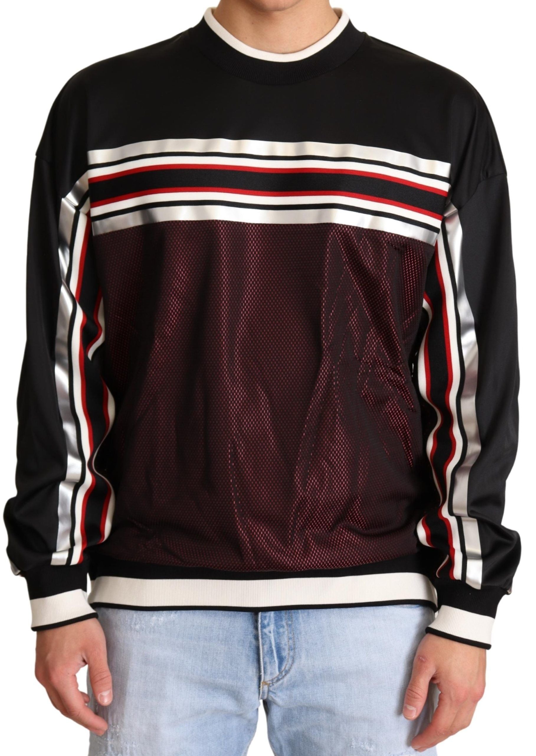Black and red mesh sport pullover crewneck sweater by Dolce & Gabbana with breathable fabric and sporty design.
