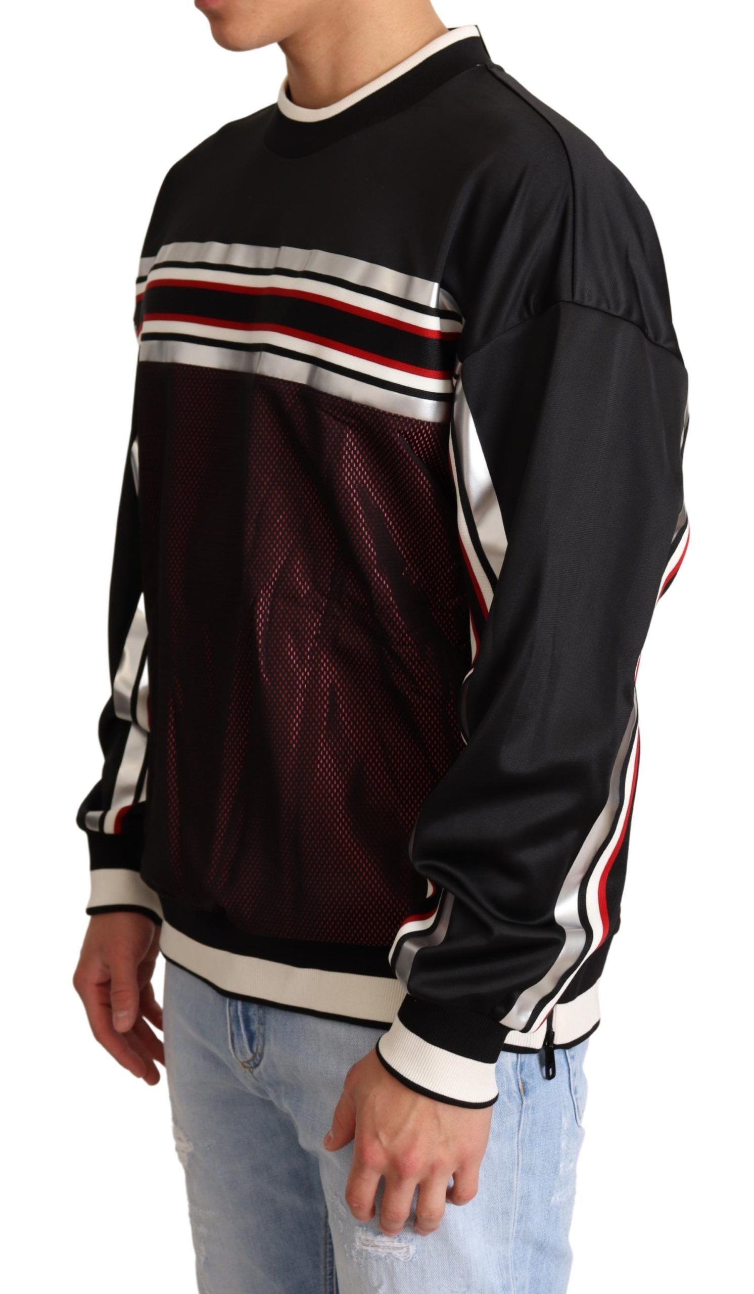 Black and red mesh sport pullover crewneck sweater by Dolce & Gabbana, featuring a stylish athletic design and comfortable fit.