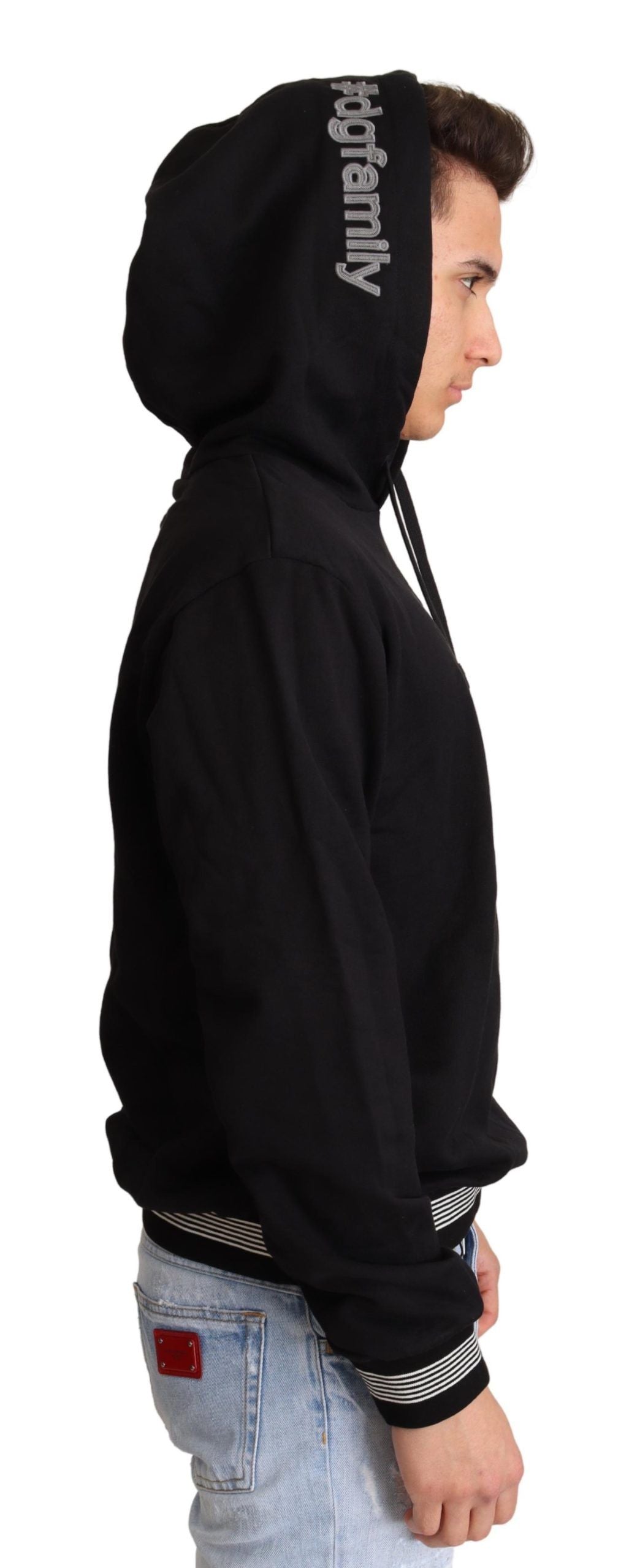 Black cotton hooded sweater from Dolce & Gabbana's #dgfamily collection, featuring a casual fit and signature branding details.