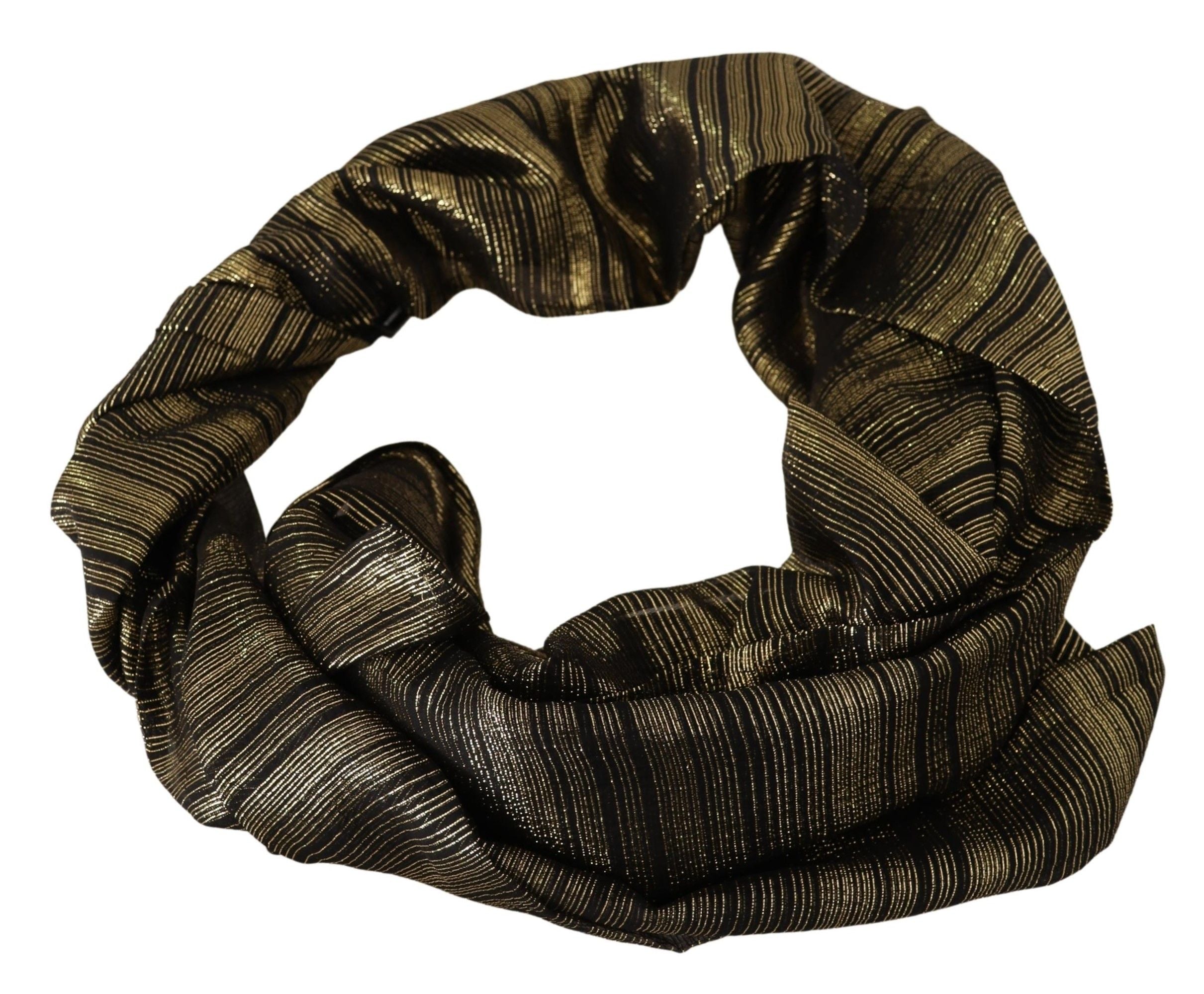 Metallic gold silk stretch shawl wrap scarf with elegant draping, designed by Dolce & Gabbana.
