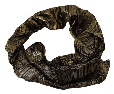 Metallic gold silk stretch shawl wrap scarf with elegant draping, designed by Dolce & Gabbana.