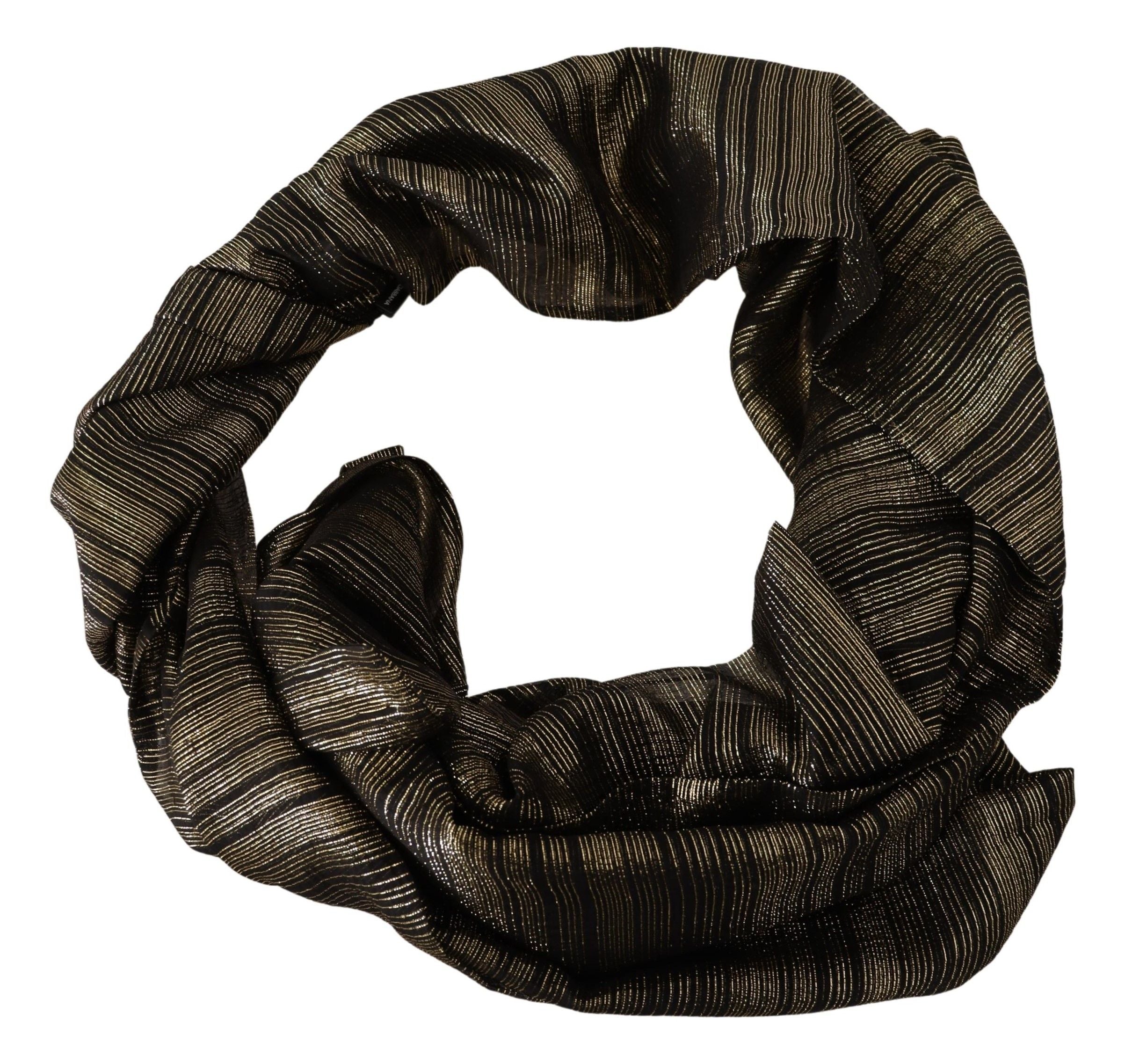 Metallic gold silk stretch shawl wrap scarf with elegant drape, designed by Dolce & Gabbana, showcasing luxurious fabric and sophisticated style.