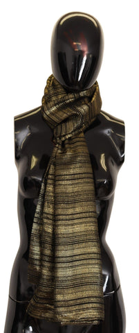 Gold silk stretch shawl wrap scarf by Dolce & Gabbana with metallic finish, draped elegantly to showcase luxurious fabric and shine.