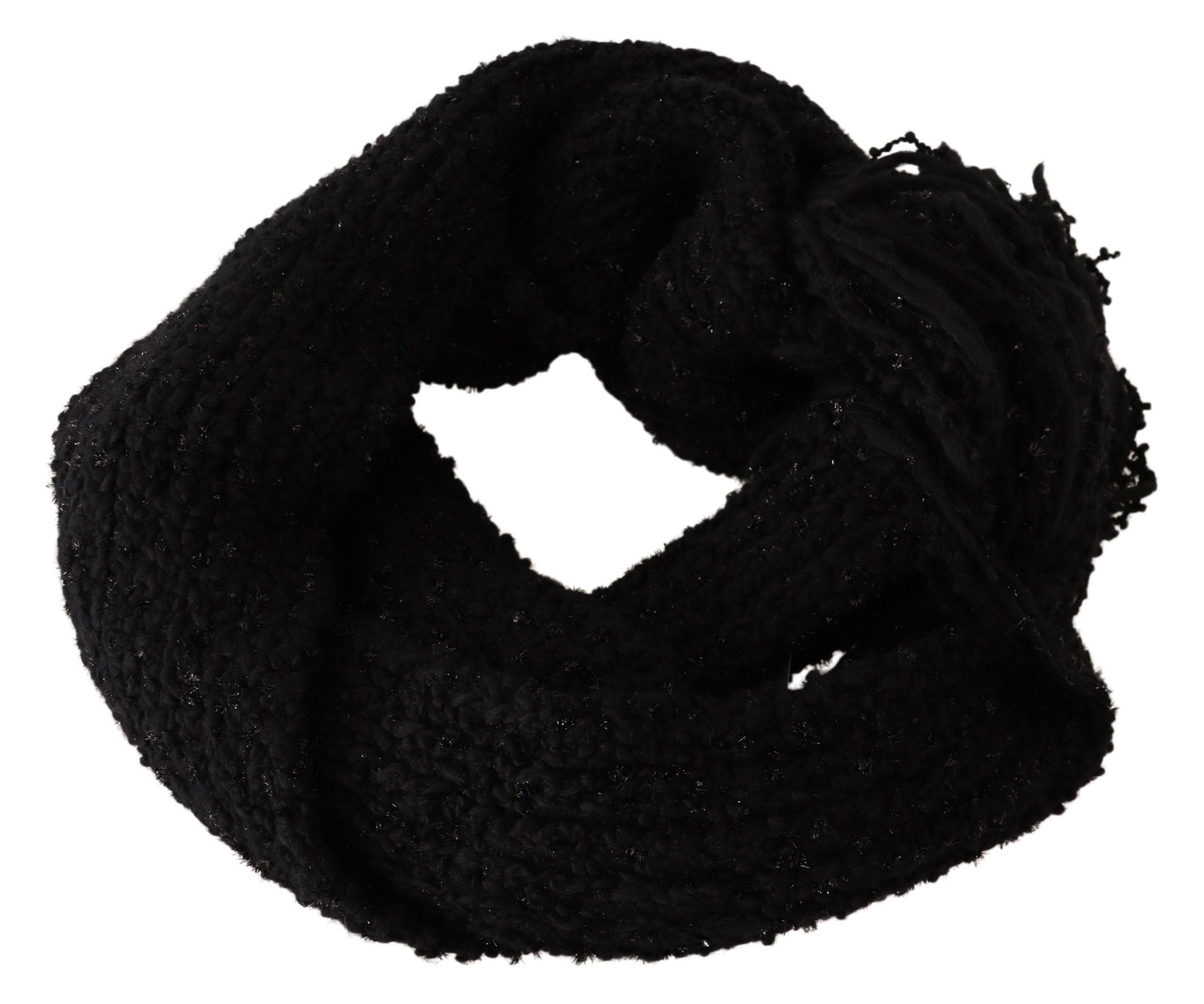 Black Virgin Wool knitted wrap shawl scarf from Dolce & Gabbana displayed with textured knit pattern and draped style.